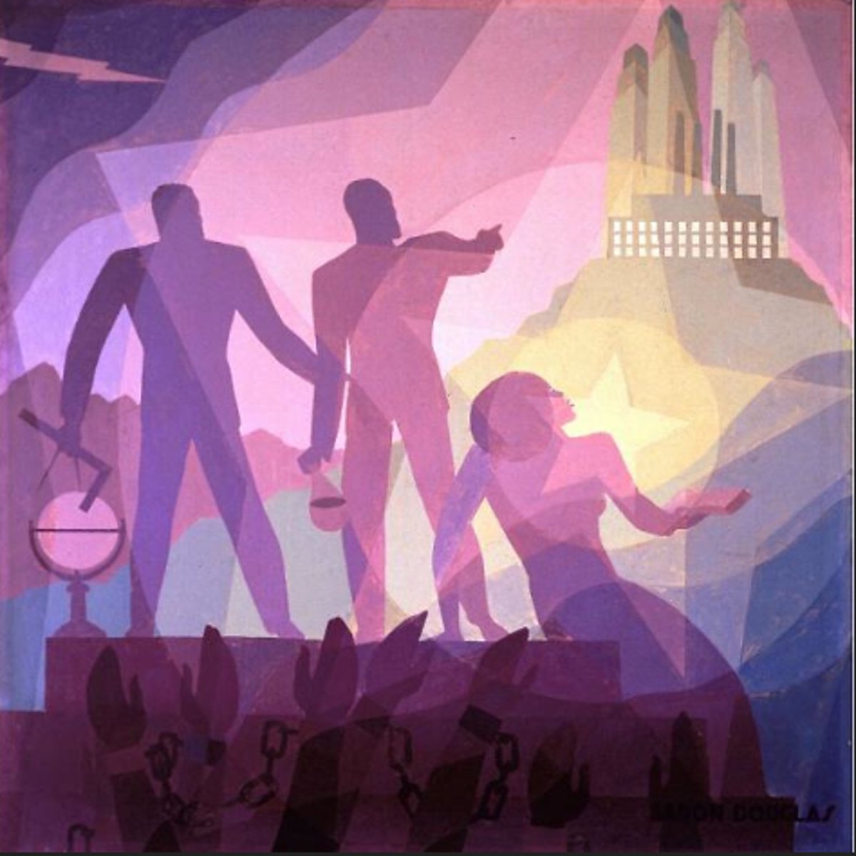 <p>This Harlem Renaissance mural-style painting uses silhouetted figures, radiating light, and African motifs to symbolize Black progress and hope.</p>