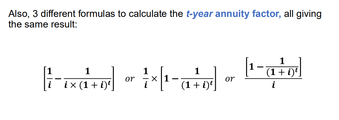 <p><strong>accumulates the effects of discounting</strong> each equal payment back to the present. So if you're receiving $X per year for nnn years, the present value is:</p><p>PV=X×Annuity&nbsp;FactorPV = X \times \text{Annuity Factor}PV=X×Annuity&nbsp;Factor</p>