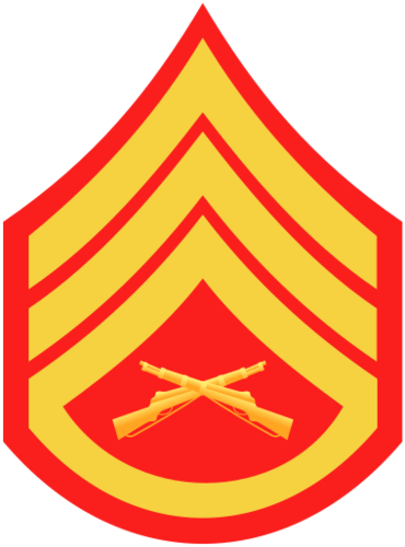 <p>E-6: 3 Chevrons, 1 Rocker, Crossed Rifles</p>