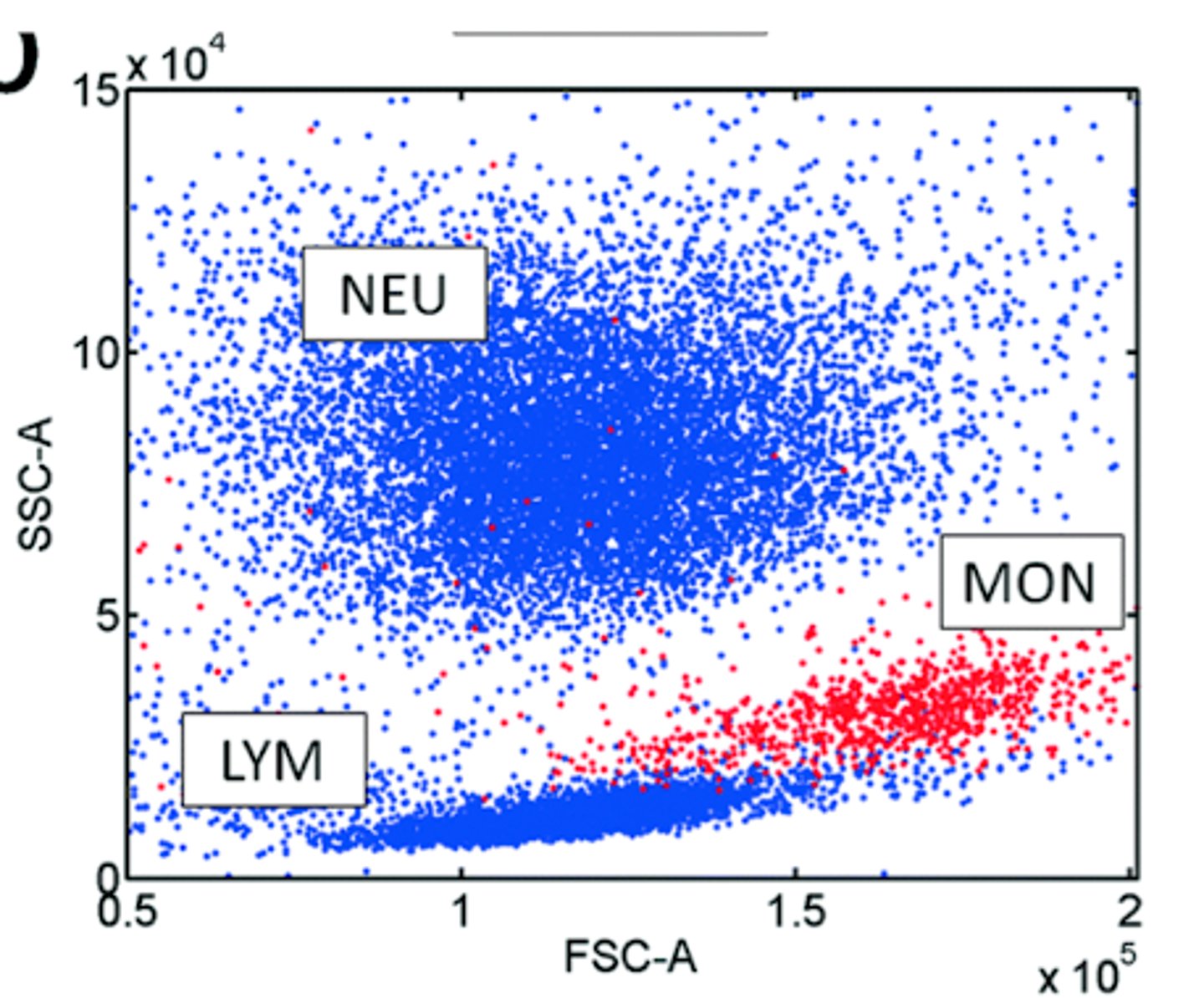 <p>Granulocytes (not neut), Lymphocyte &amp; Monocytes<br>-Sysmex <br>(forward scatter on x axis and side scatter on y axis)</p>