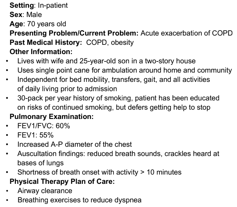 <p>During examination, the PT finds that a patient has a weak wet cough. Which is MOST APPROPRIATE to help this patient clear secretions?</p><ol><li><p>assisted coughing in the supine position</p></li><li><p>postural drainage in the sidelying position</p></li><li><p>huffing</p></li><li><p>mechanical percussion</p></li></ol><p></p>