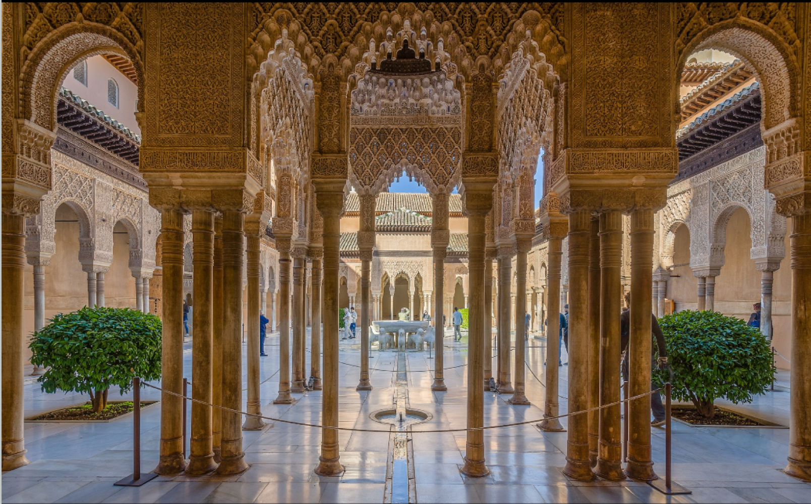 <p>Describe the architecture in the Court of the Lions <span style="background-color: transparent;"><span>Alhambra and its significance </span></span></p>