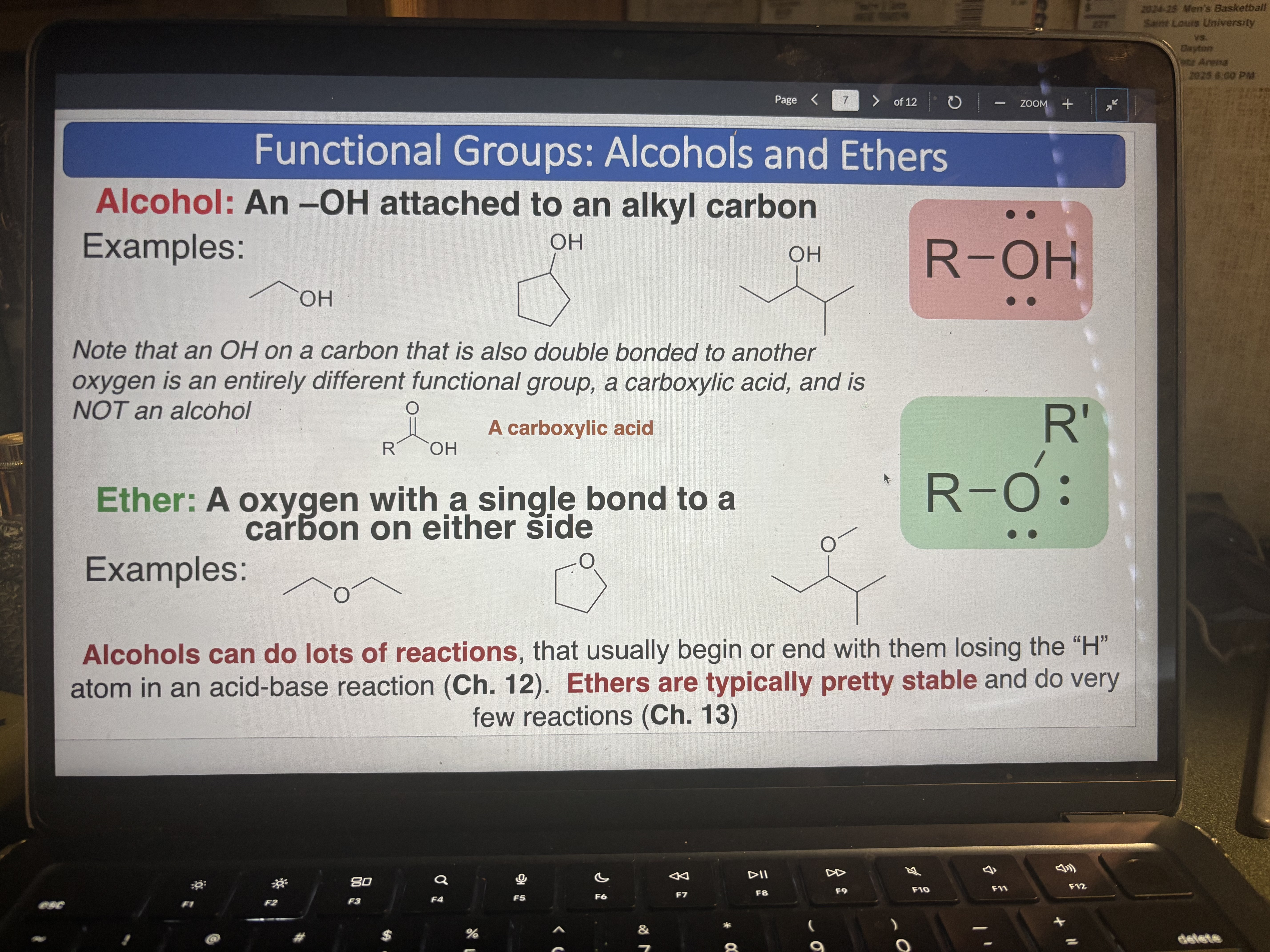 <p>An oxygen with a single bond to a carbon on either side (typically pretty stable)</p>