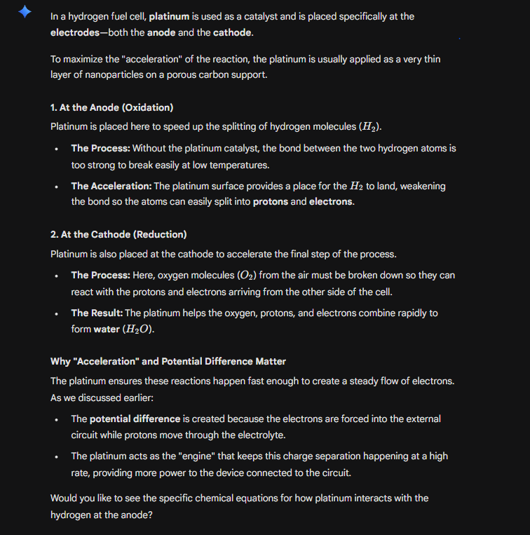 <p>Typically Platinum - increases oxidation and reduction</p><p>Speeds up reaction</p><p></p>