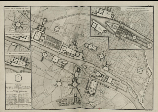 <p><span>map of proposed places Royales from Monuments Erected in France to the Glory of Louis XV</span></p>