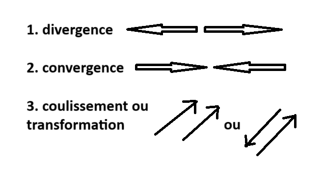 <ol><li><p>divergence </p></li><li><p>convergence </p></li><li><p>coulissement ou transformation </p></li></ol>