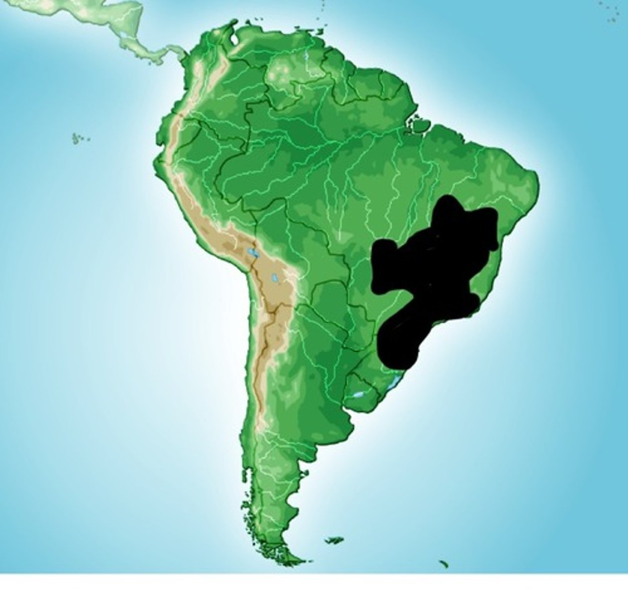 <p>-very large area of high elevation hills and plateaus that covers nearly half of Brazil</p>
