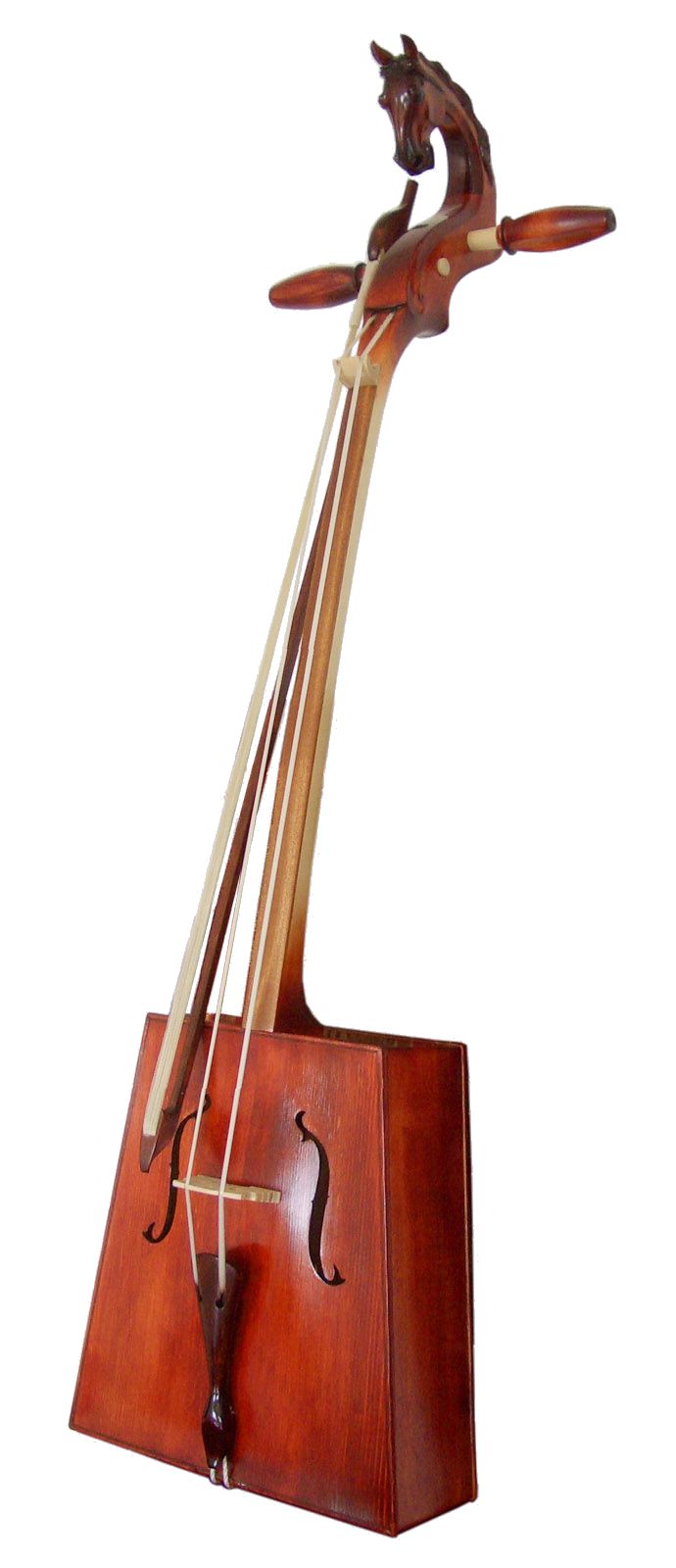 <p>stringed instrument that has a distinct head shaped like horse. typically strings are made of horse hair</p>