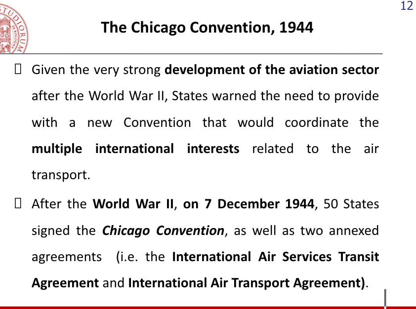 <ul><li><p>the Chicago convention is legally binding on 193 Member States </p></li><li><p>Has 3 amendments - 3bis, 83bis, 93bis </p></li><li><p>Convention is divided into a preamble + 4 parts: <span>•<mark data-color="yellow">Part I: Air Navigation (a.o. sovereignty of airspace, freedoms of the air, remotely piloted aircraft, air service agreements)</mark></span></p><p><span><mark data-color="yellow">•Part II: The International Civil Aviation Organization (ICAO)</mark></span></p><p><span><mark data-color="yellow">•Part III: International Air Transport</mark></span></p><p><span><mark data-color="yellow">•Part IV: Final Provisions (a.o. War and Annexes)</mark></span></p><p></p><p><span>•19 Annexes</span></p></li></ul>