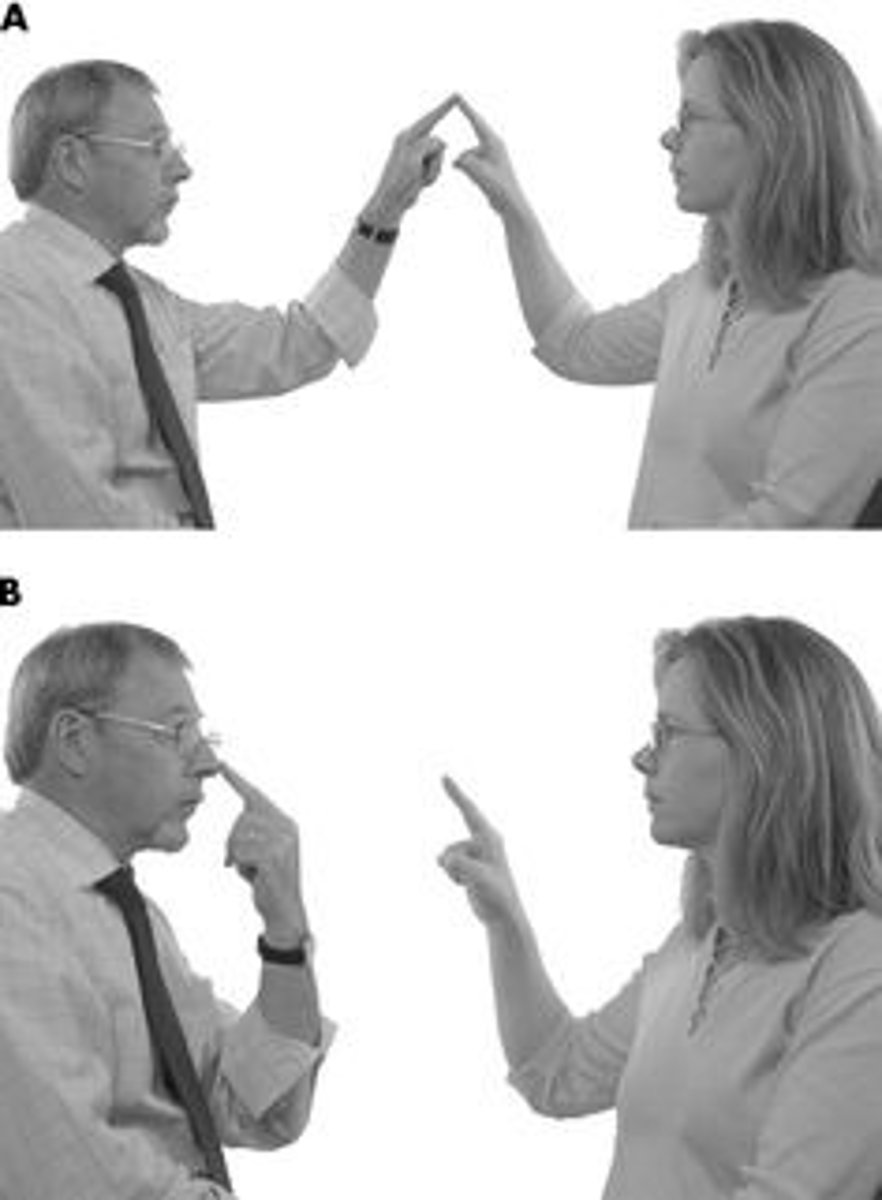 <p>Finger-to-nose testing - clients touch the clinician's finger and then their own nose as the clinician's finger varies in location</p>