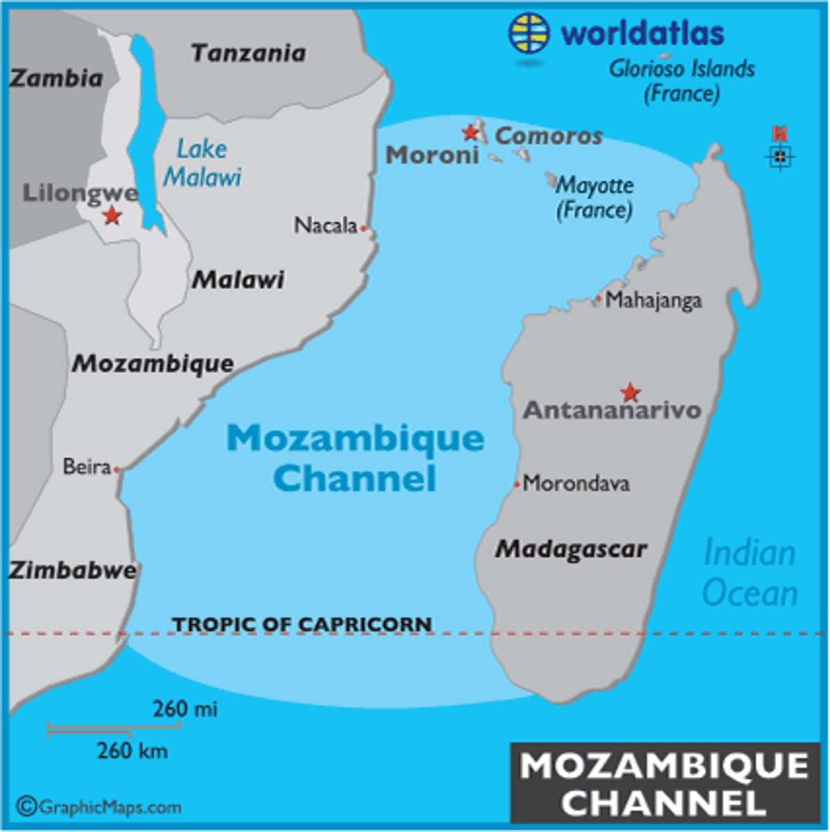 <p>On a map be able to locate the body of water that separates Madagascar from continental Africa.</p>