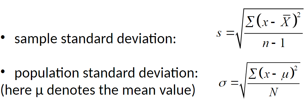 <p>a measure of variation of scores about the mean</p><p>the average distance to the mean, although that's not numerically accurate, it's conceptually helpful. All ways of saying the same thing: higher standard deviation indicates higher spread, less consistency, and less clustering</p><p>Square root of variance</p><p>std() provides the sample standard deviation</p>
