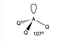 <p>trigonal pyramidal </p><p>107 degrees </p>