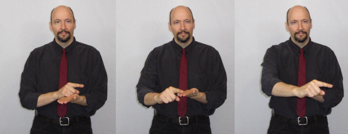 <p>ver2: pointer hand goes from behind to in front of flat hand (palm face us)</p>