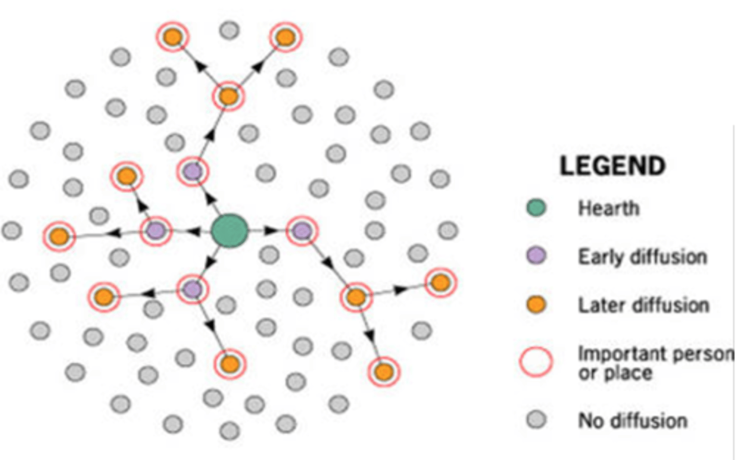 <p>the spread of an idea or innovation by passing first among the most connected places or peoples (i.e. only certain people get it)</p>