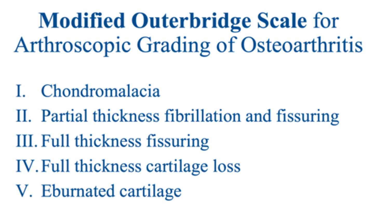<p>how do we grade severity of cartilage loss in medial compartment disease (MCD) cases</p>
