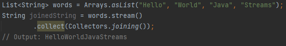 <p>Concatenates the elements of a stream into a single <code>String</code>.</p>