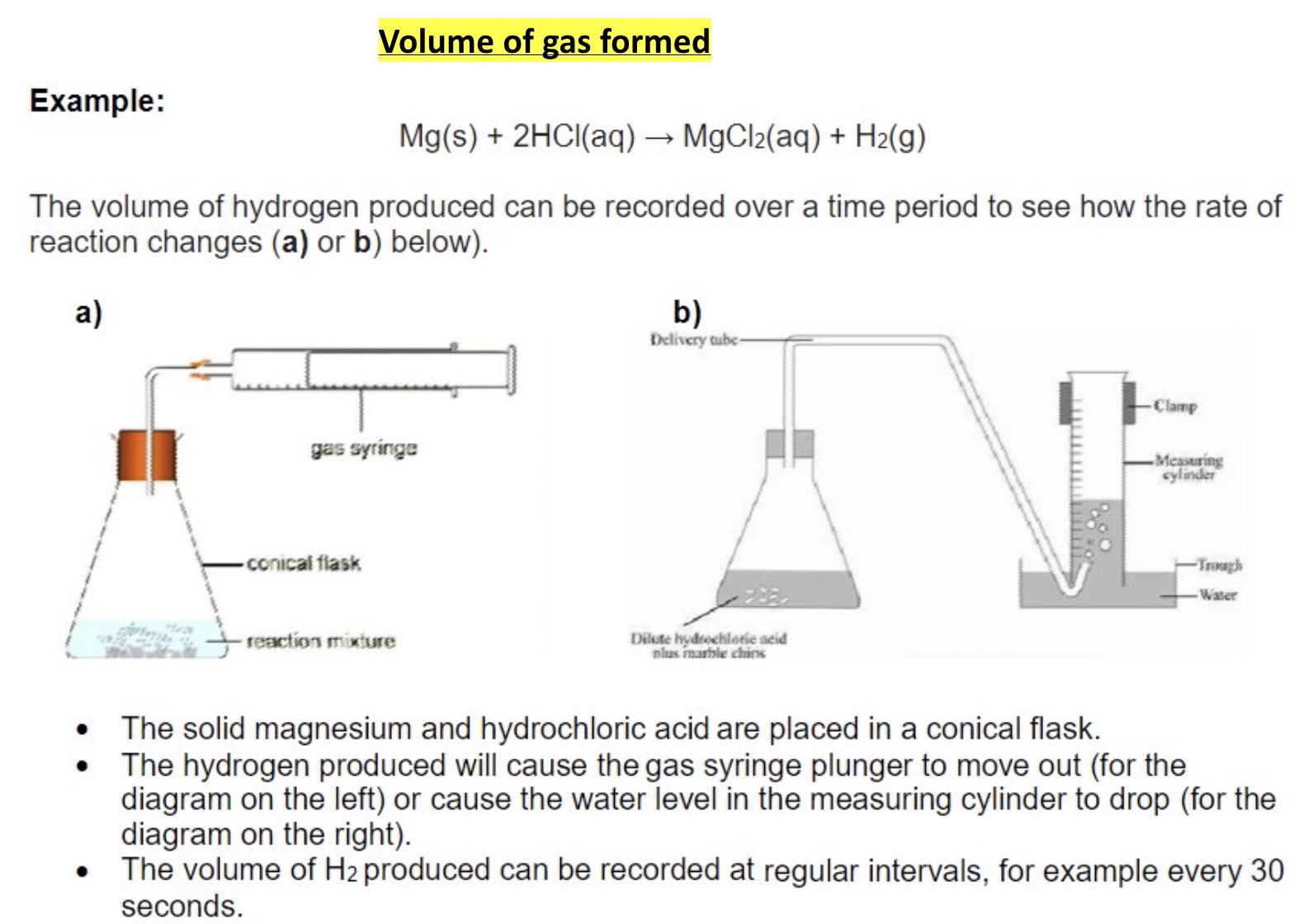 <ul><li><p>a gas string will be in the diagram so make sure to draw the scale on the syringe </p></li><li><p>draw + label the bung on the conical flask as well </p></li></ul>