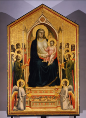 <p><span>From Church of</span><br><span>Ognissanti, Florence, Italy. Tempera painting and gold leaf on panel, 12’7” x 7’4”.</span><br><span>Florence, Galleria degli Uffizi, Italy, c. 1305-1310</span></p>