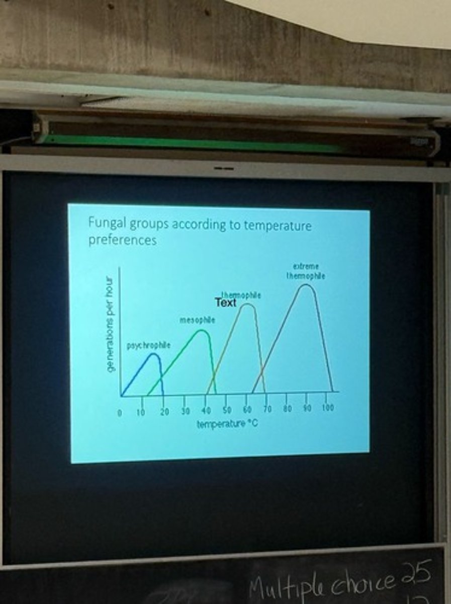 <p>Fungi that thrive in low temperatures, around 0-20 C, with peak growth rate occurring at about 10-15 C.</p>
