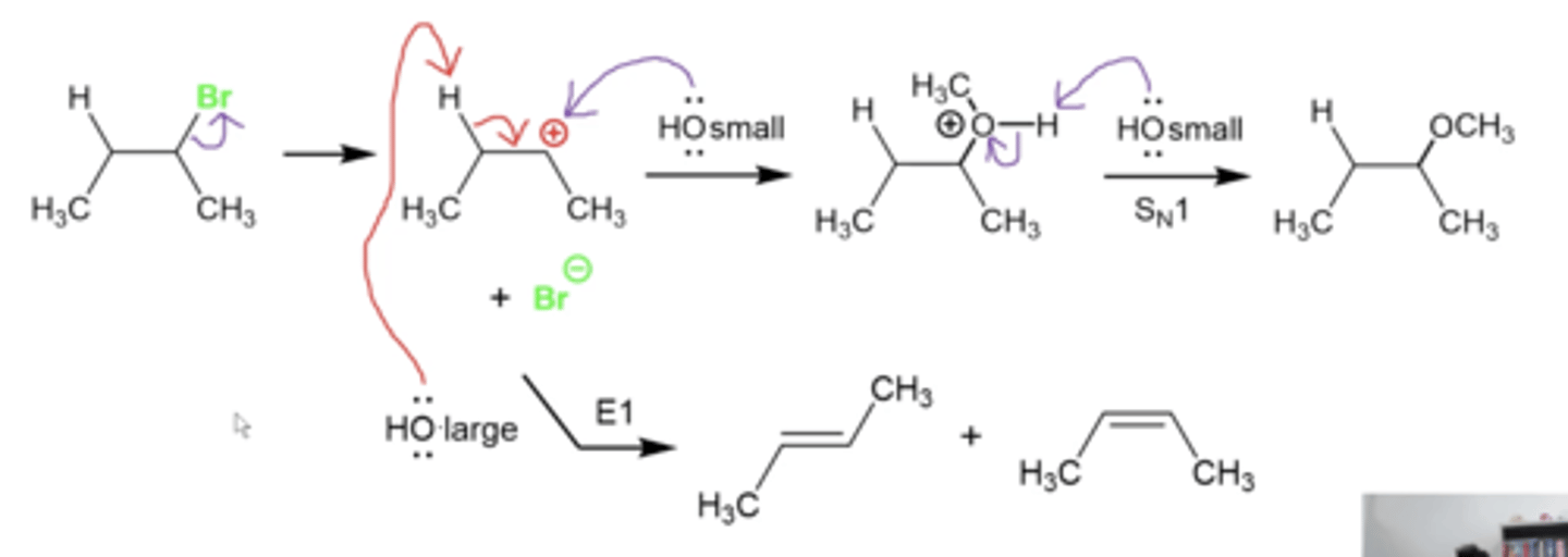 <p>larger nucleophiles/bases tend to behave more as bases (E1/2) because they CAN'T fit as easily into the carbon bonded to the L.G. to do a substitution. They therefore prefer to deprotonate somewhere else</p><p>smaller nucleophiles/bases tend to behave more as nucleophiles because they CAN fit more easily into the carbon bonded to the L.G. to do a substitution</p>