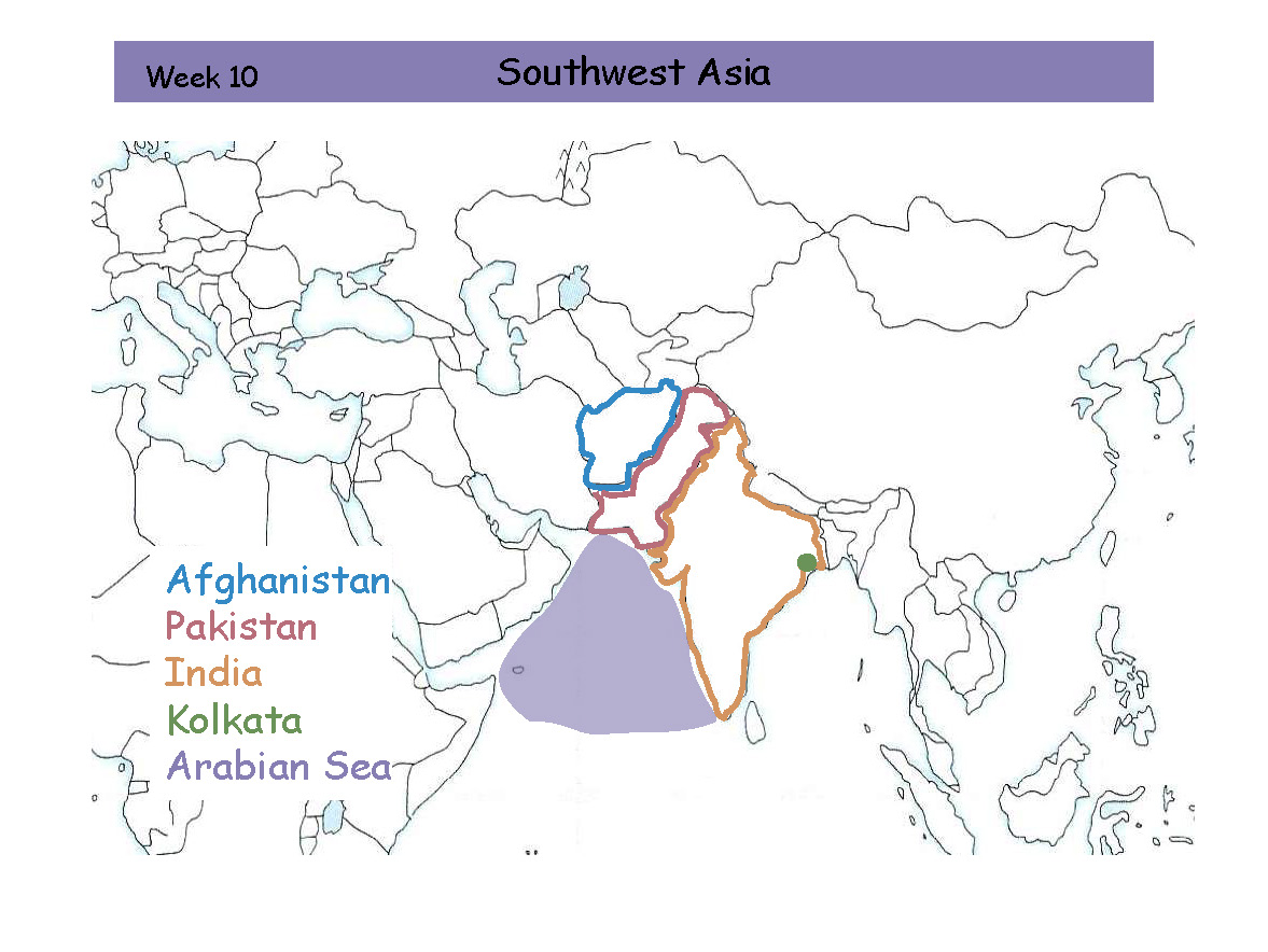 <p>Pakistan. Red Outline. Northwest of India.</p>