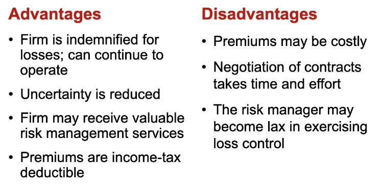 <ul><li><p>Appropriate for low-frequency, high-severity loss exposures</p></li><li><p><span><span>These areas must be emphasized</span></span></p><ul><li><p><span><span>Selection of insurance coverages</span></span></p></li><li><p><span><span>Selection of an insurer</span></span></p></li><li><p><span><span>Negotiation of terms</span></span></p></li><li><p><span><span>Dissemination of information concerning insurance coverages</span></span></p></li><li><p><span><span>Periodic review of the insurance program</span></span></p></li></ul></li></ul><p></p>