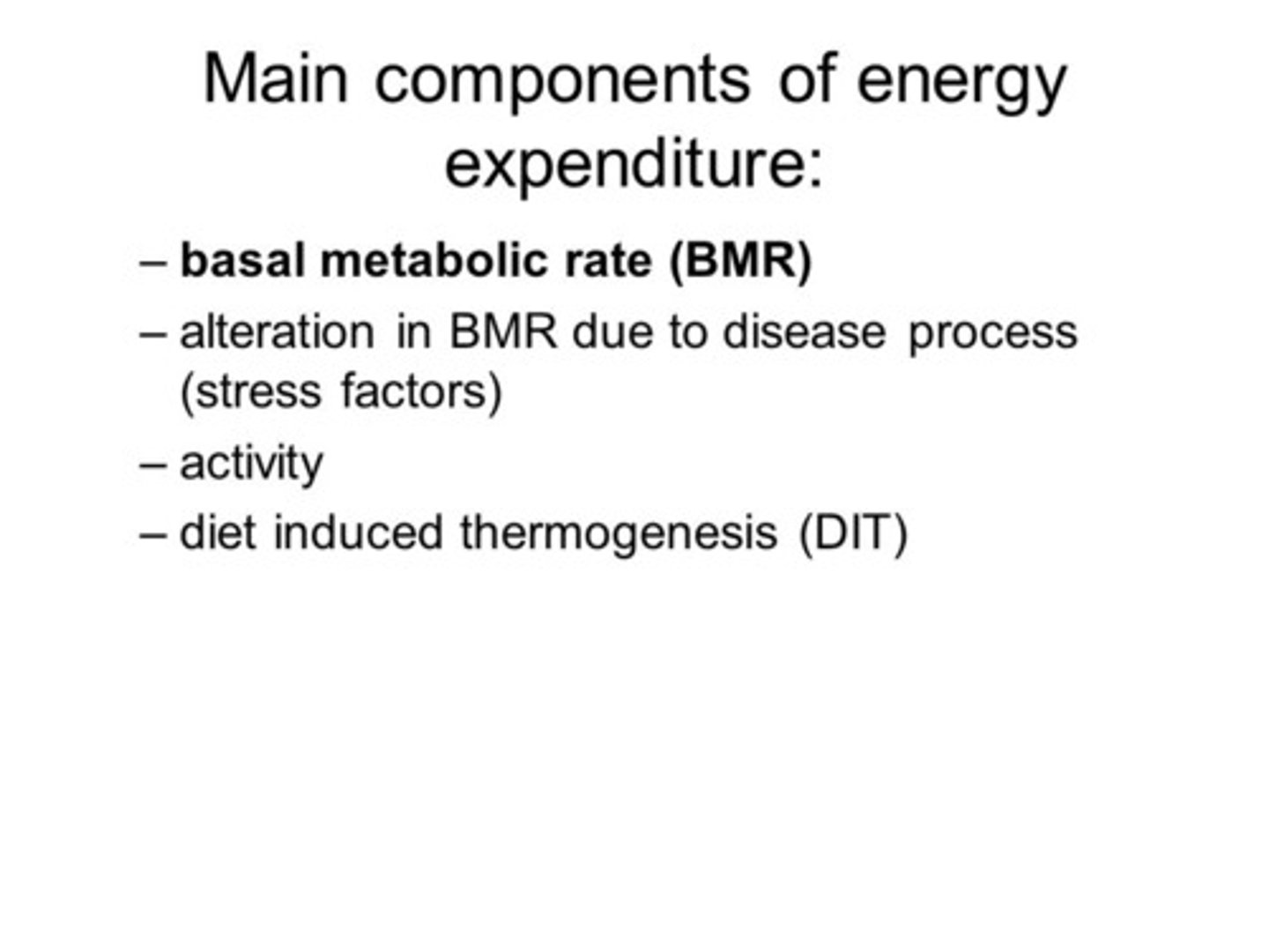 <p>Your basal metabolic rate is the amount of energy that you need to burn in order to maintain the act of living. It would be the amount of evergy you would burn if you just sat still all day. This energy is used to run internal processes such as cell development, digestion, etc.</p><p>Your activity level is the amount of energy you expend by moving or exercising.</p><p>Diet-induced Thermogenesis is the energy that is given off as heat as we store the food that we eat for energy.</p>