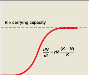 <p>The population's growth rate decreases as it approaches the carrying capacity of its environment, typically resulting in an S-shaped curve. </p><p>Ex. </p>