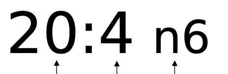 <p>The first number is the <strong>amount of carbons.</strong> The second number (after double point) is the<strong> amount of double bonds.</strong>&nbsp;The number after the n is the <strong>carbon number at which the double bonds start.</strong></p><p><strong><em><mark data-color="#ffadad" style="background-color: rgb(255, 173, 173); color: inherit;">COUNTS FROM METHYL END!!</mark></em></strong></p>