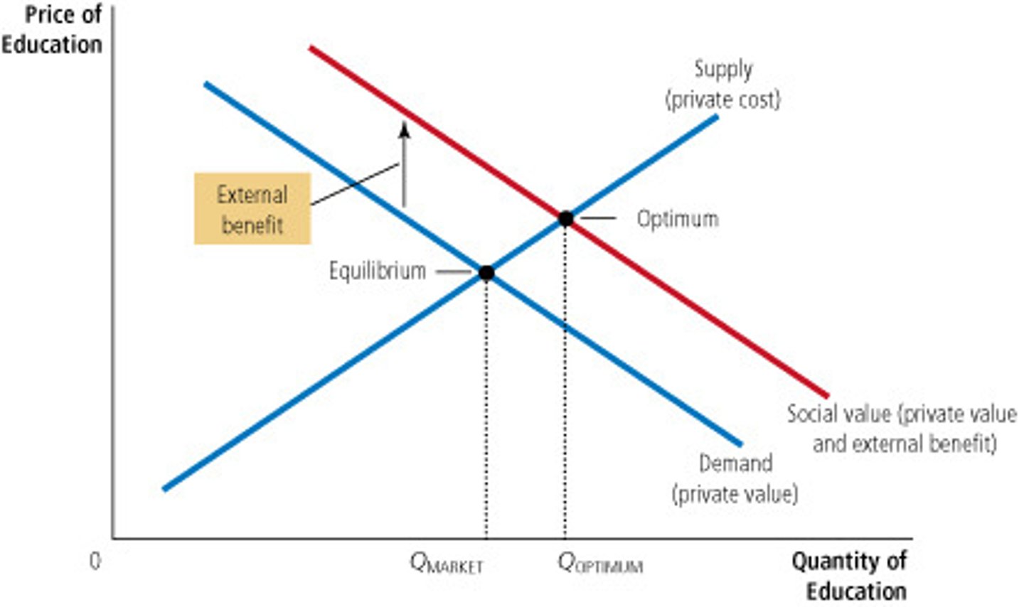 <p>the social value of the good exceeds the private value. Therefore, Optimum Quantity &gt; Market Quantity.</p>