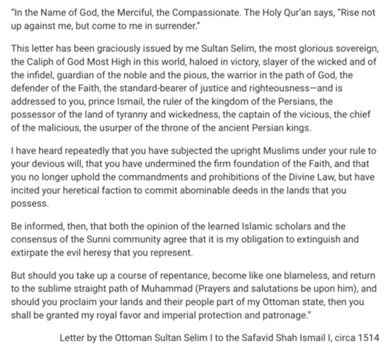 <p>A historian would most likely interpret the rhetoric in the passage as evidence that rulers of imperial states in the period circa 1450–1750 continued to</p><p>A</p><p>use religious ideas to highlight their political legitimacy and attack the legitimacy of their enemies</p><p>B</p><p>prefer to resolve interstate conflicts through warfare rather than through diplomatic means</p><p>C</p><p>patronize religious establishments and preside over religious ceremonies</p><p>D</p><p>seek to unite forces to prevent the spread of secular ideas</p>