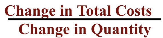 <p>change in total costs divided by change in quantity</p>