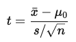 <ul><li><p>xˉ = sample mean</p></li><li><p>μ0 = hypothesized population mean</p></li><li><p>s = sample standard deviation</p></li><li><p>n = sample size</p></li></ul><p><strong>Degrees of freedom</strong>: df = N − 1</p><ul><li><p><span>N is the number of observations in the dataset</span></p></li></ul><p>*<span>exact rejection regions depend on degrees of freedom</span></p>