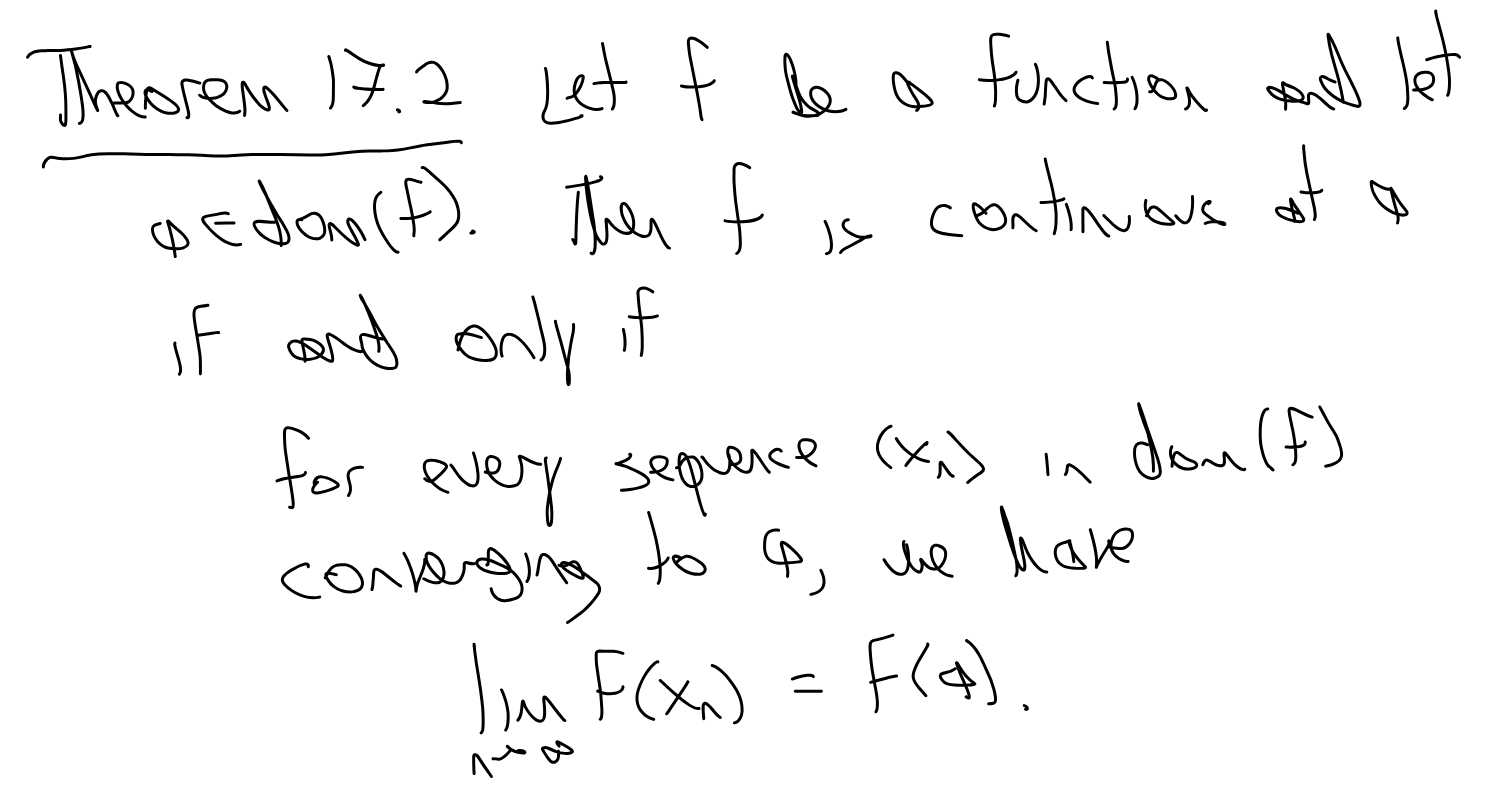 <p>lim (f(Xn)) = f(a) (as the limit approaches infinity)</p>