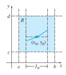 <p>“Let R be a rectangular region in the xy-plane defined by a ≤ x ≤ b, c ≤ y ≤ d that contains pt. (x<sub>0</sub>,y<sub>0</sub>). If f(x,y) &amp; ∂f/∂y are continuous on R, then there exists some I<sub>0</sub>: (x<sub>0 </sub>- h, x<sub>0 </sub>+ h), h ≥ 0, contained [a, b] &amp; a unique function y(x)”</p><p>Note: I of definition does not have to be as wide as R &amp; the I<sub>0</sub> of existence &amp; uniqueness might not be as large as I</p><p>Steps:</p><p>1) Continuous f(x,y) gives existences, so identify f(x,y)</p><p>2) Continuous ∂f/∂y gives uniqueness, so compute ∂f/∂y</p><p>3) Find where f(x,y) &amp; ∂f/∂y are continuous</p><p>(a) No divisions by 0</p><p>(b) No even roots of negative numbers</p><p>(c) No logarithms of zero or negative numbers.</p><p>(d) No undefined expressions like 0/0 or ∞/∞</p><p>(e) No discontinuities in trigonometric functions (e.g., avoid tan(x) at x=2π+kπx ).</p>