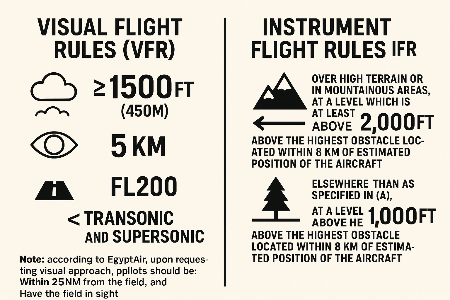 <ol><li><p>Ceiling<strong>&gt;1500’</strong></p></li><li><p>Flight Level<strong> &lt;FL200</strong></p></li><li><p>Visibility<strong>&gt; 5 km</strong></p></li><li><p>Speed <strong>&lt;Trans/Super-Sonic </strong></p></li></ol><p>Field <strong>in Sight</strong> &amp; Within <strong>25 NM</strong> from it </p><p>According to <strong>Egyptair.</strong></p>