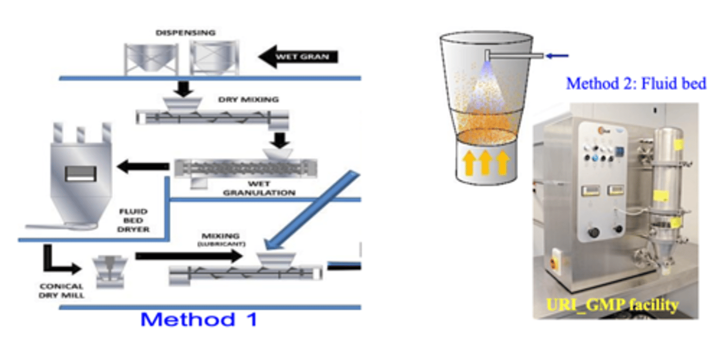 <p>1. moisten powder, paste is passed through mesh, collect granules and dry</p><p>2. fluid bed processing= suspend powder in air and spray with liquid, then dry</p>