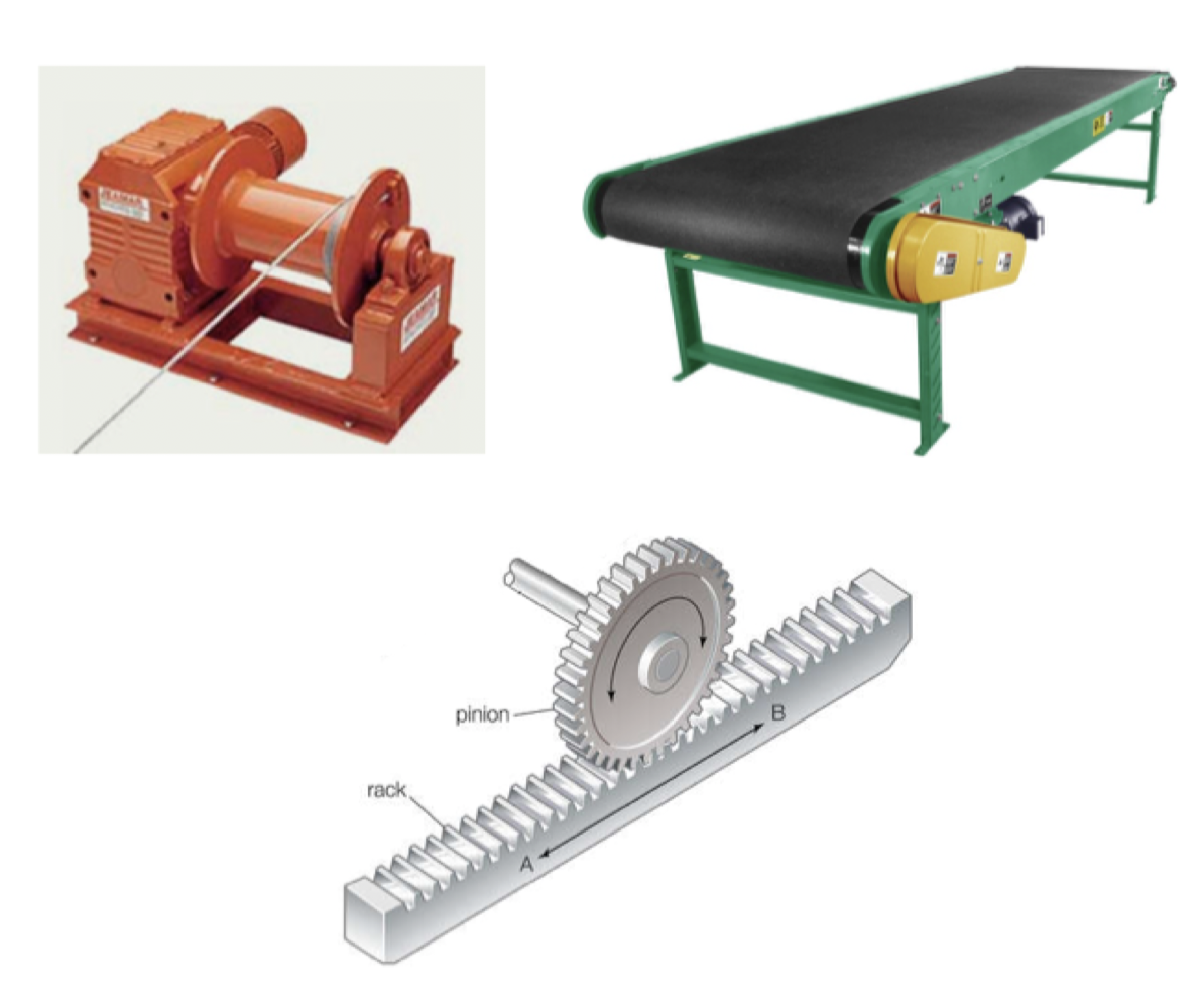 Winch and drum, conveyor, rack and pinion