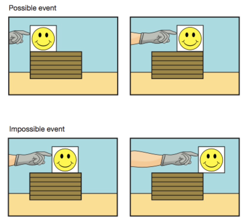 <ul><li><p><span><span>Predictions based on Piaget’s theory: babies in sensorimotor stage should show no differences in their responses when seeing both events.</span></span></p></li><li><p><span><span>HOWEVER, 3-mo babies already show surprisal effect when seeing the impossible event!!</span></span></p></li></ul><p></p>