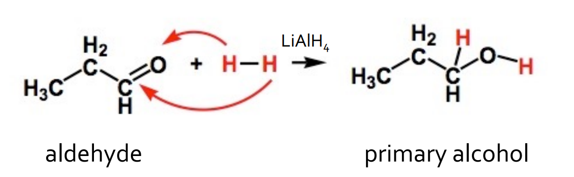 <p>catalyst: LiAlH<sub>4</sub> or H<sub>2</sub>/Pt</p><p>products: primary alcohol</p>