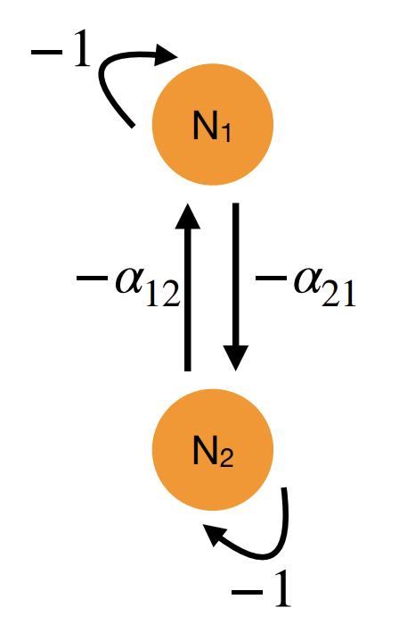 <p>dN<sub>1</sub>/dt=r<sub>1</sub>N<sub>1</sub>(K<sub>1</sub>-N<sub>1</sub>-α<sub>12</sub>N<sub>2</sub>/K<sub>1</sub>)</p><p>dN<sub>2</sub>/dt=r<sub>2</sub>N<sub>2</sub>(K<sub>2</sub>-N<sub>2</sub>-α<sub>21</sub>N<sub>1</sub>/K<sub>2</sub>)</p>