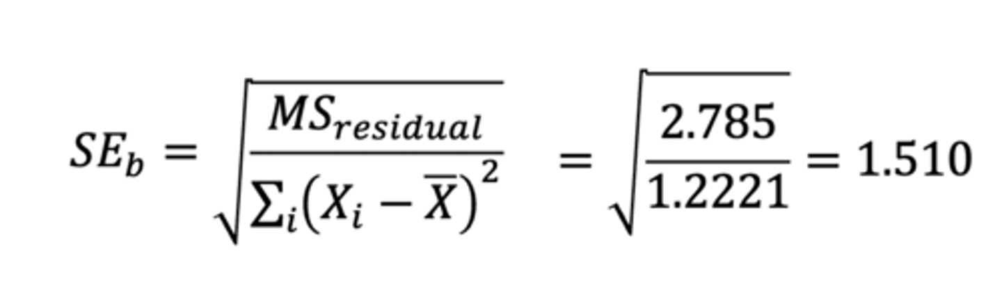 <p>• uncertainty (precision) with the sample estimate (b) of the population slope (β)</p><p>• the sum of squares in the denominator takes into account as you add more data points you expect more spread</p><p>• in the numerator is the spread of the residuals</p>