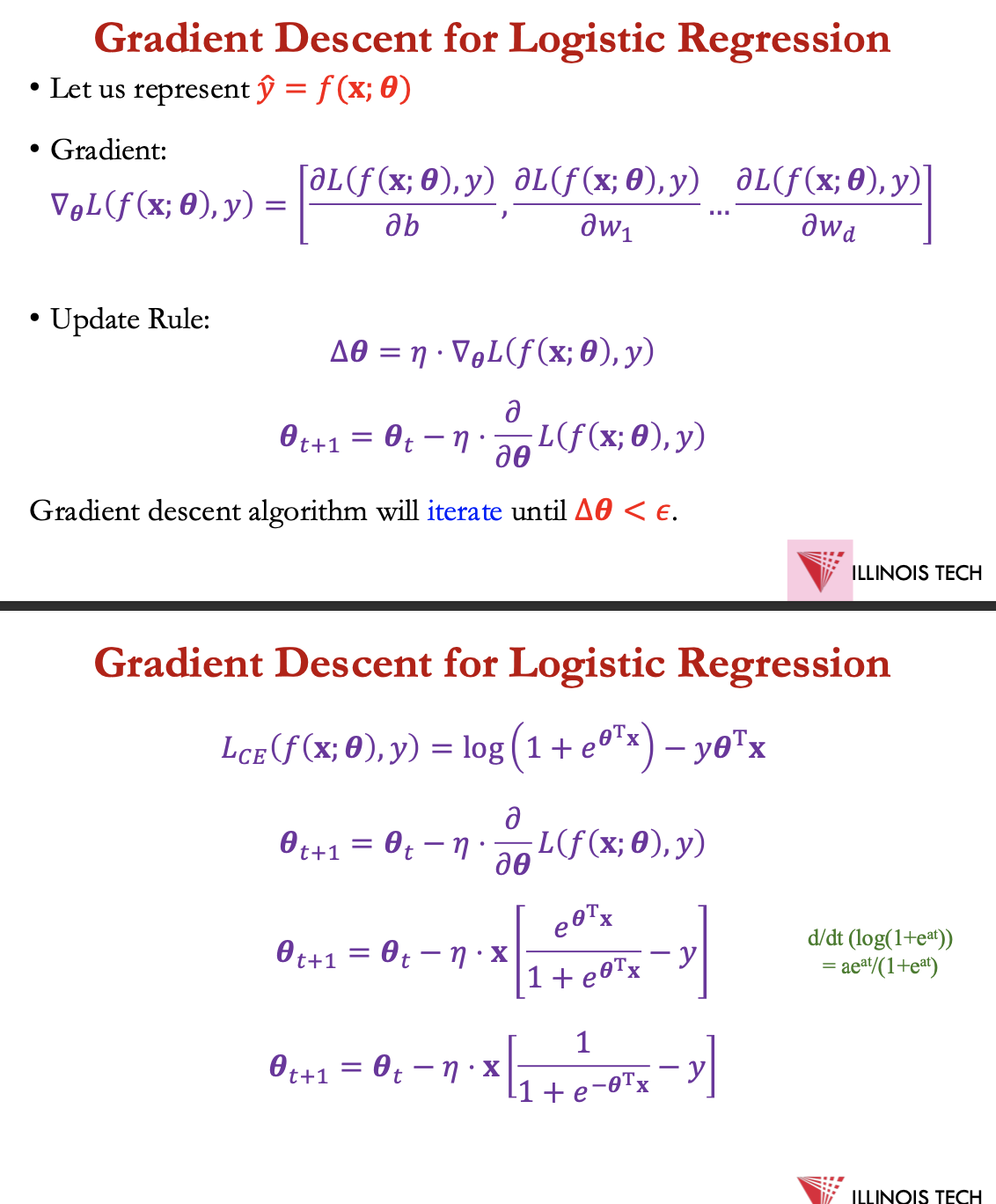 <p><span>• Let us represent ŷ = 𝑓(𝐱; 𝜽)<br></span></p><p>𝜽<sub>t+1 </sub>= 𝜽<sub>t</sub> - <span>𝜂 ⋅ 𝐱 [1 / 1+ 𝑒<sup>−𝜽T𝐱</sup> - y]</span></p>