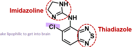 <ul><li><p>benzothiadiazole derivative </p></li><li><p>chlorine makes lipophilic and get into brain </p></li><li><p>lots of drug-drug interactions due to 1A2 metabolism </p></li></ul><p></p>
