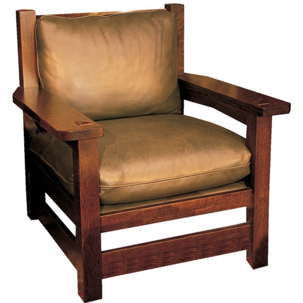 <p>Gustav Stickley<br>largest chair produced by Stickley 3x3 sq. ft.<br>childlike sense of scale for the sitter<br>most connections are blind mortise and tenon joints, fixed with pins</p>