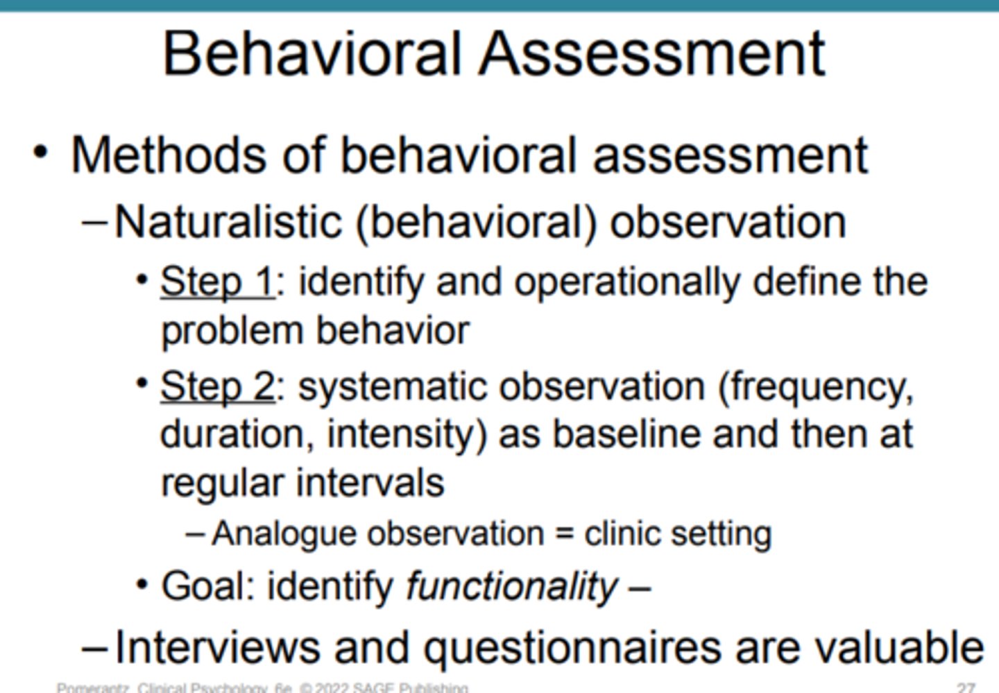 <p>Behavioral Observation:</p><p>Direct, systematic observation in natural environments.</p><p>Involves identifying and defining the problem behavior through various means.</p><p>Systematically tracks frequency, duration, or intensity of the behavior.</p><p>Analogue observation can replicate real-world settings in a clinic.</p><p>Recording Context:</p><p>Records events before (antecedents) and after (consequences) the behavior.</p><p>Helps understand behavior's functionality and relation to its environment.</p><p>Example with Thiago:</p><p>Observing classroom behavior and noting antecedents and consequences.</p><p>Analyzes stimuli or events triggering arguments and their outcomes.</p><p>Functional Techniques:</p><p>Use of functional interviews and functional questionnaires.</p><p>Focus on identifying the function of the problem behavior.</p><p>Can guide and complement behavioral observation.</p><p>Behavioral assessment emphasizes direct observation and understanding of the functional relationships between behaviors and their surrounding context, offering a unique perspective on problem behaviors.</p>