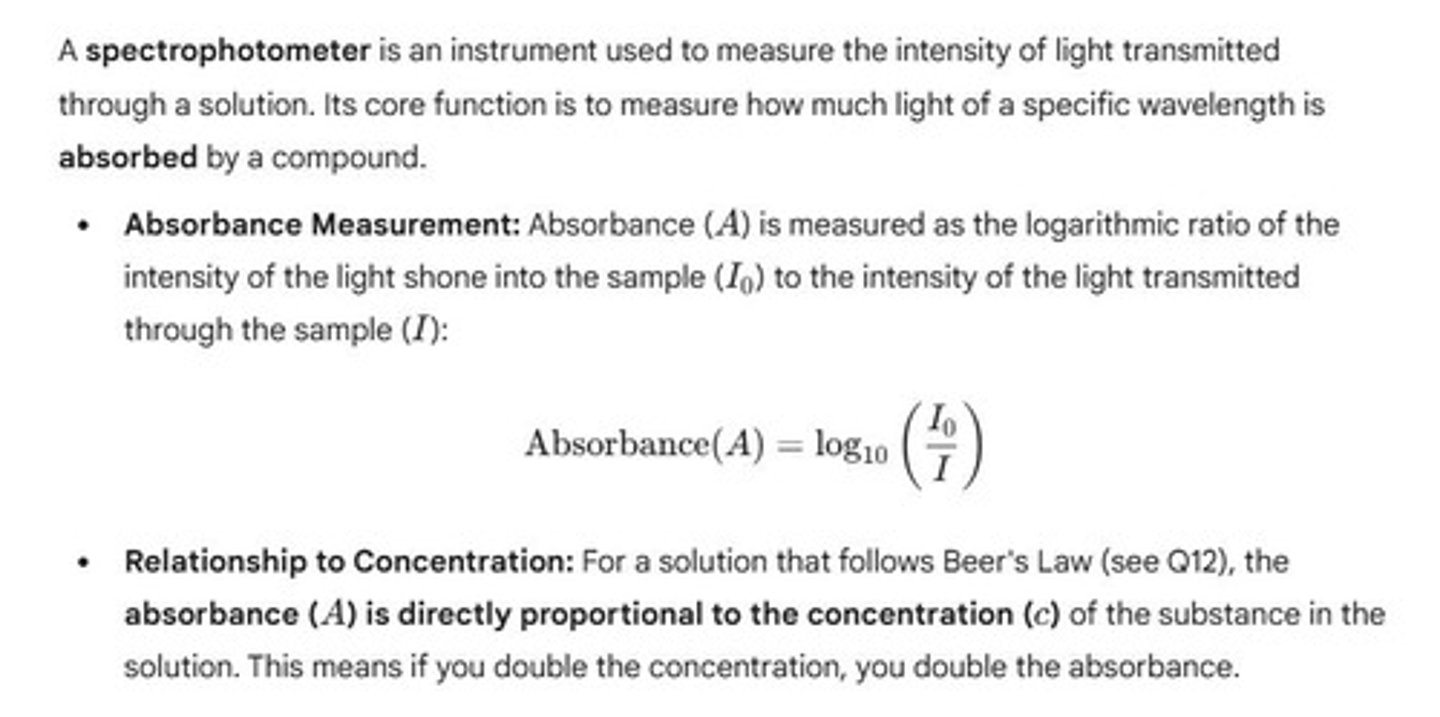 <p>It measures the absorbance of light by a sample to determine the concentration of a substance.</p>