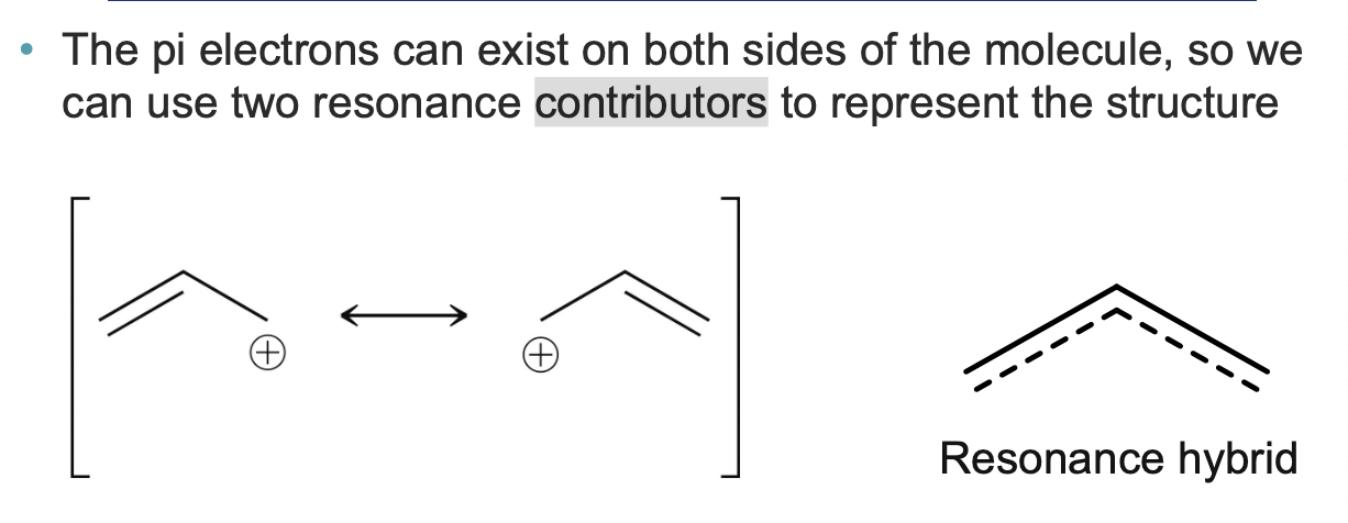 <p>when all carbons have un hybridized p orbitals</p><ul><li><p>we used brackets to indicate both resonance contributors exist simultaneously</p></li></ul><p></p>