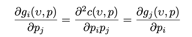 <p>by shepherd’s lemma, the two pairings gi/pj and gj/pi are both equal to each other in the slutsky eqn</p><p></p><p>dgi/dpj = dgj=dpi</p>